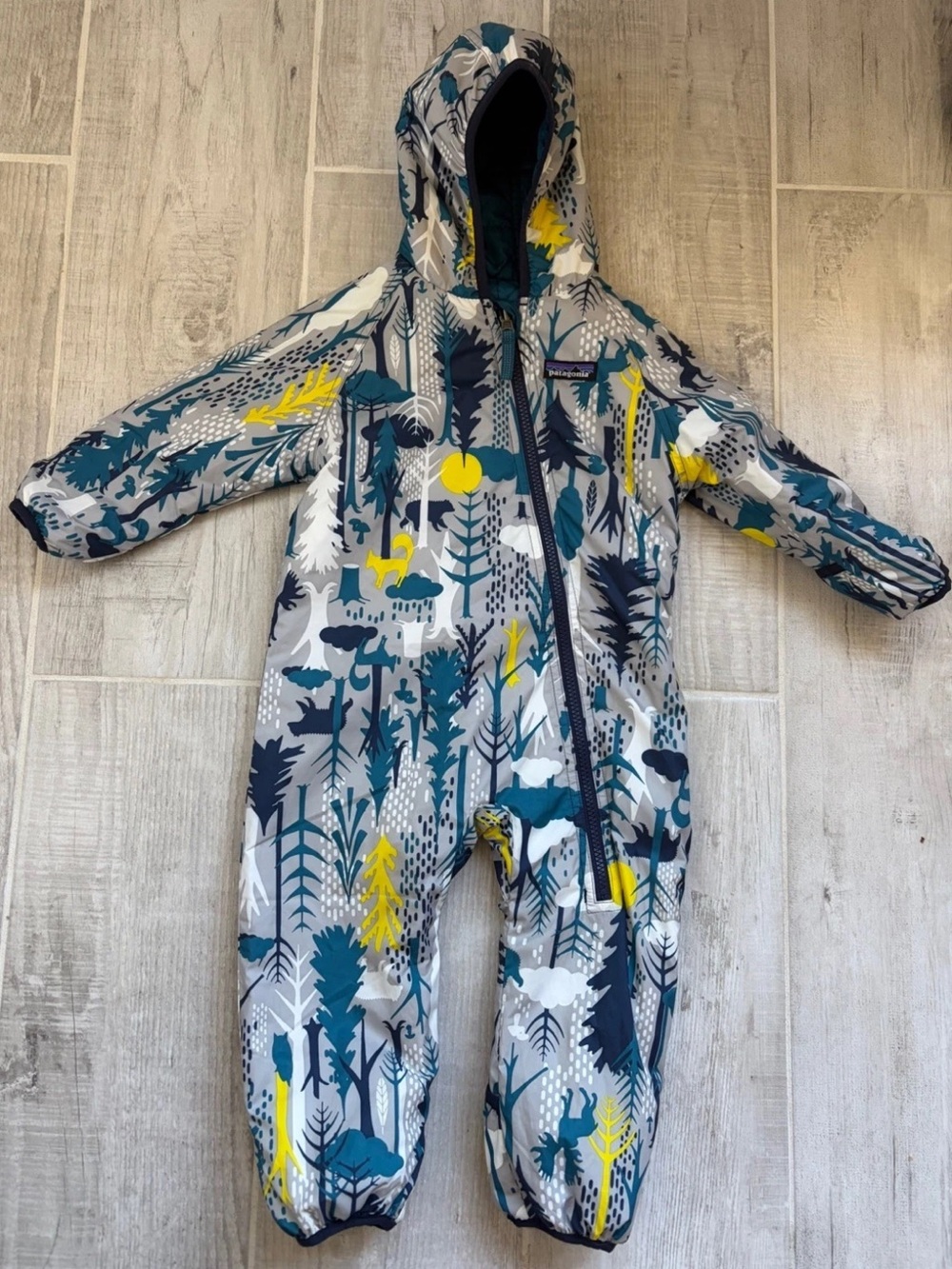 Patagonia Kids Printed Teal Gray & Yellow One-Piece Footie